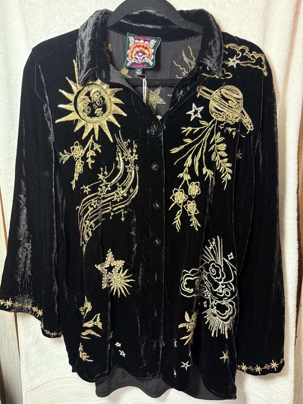 NWT Johnny Was Celestial Embroidered Velvet Button-Down Shirt Size M